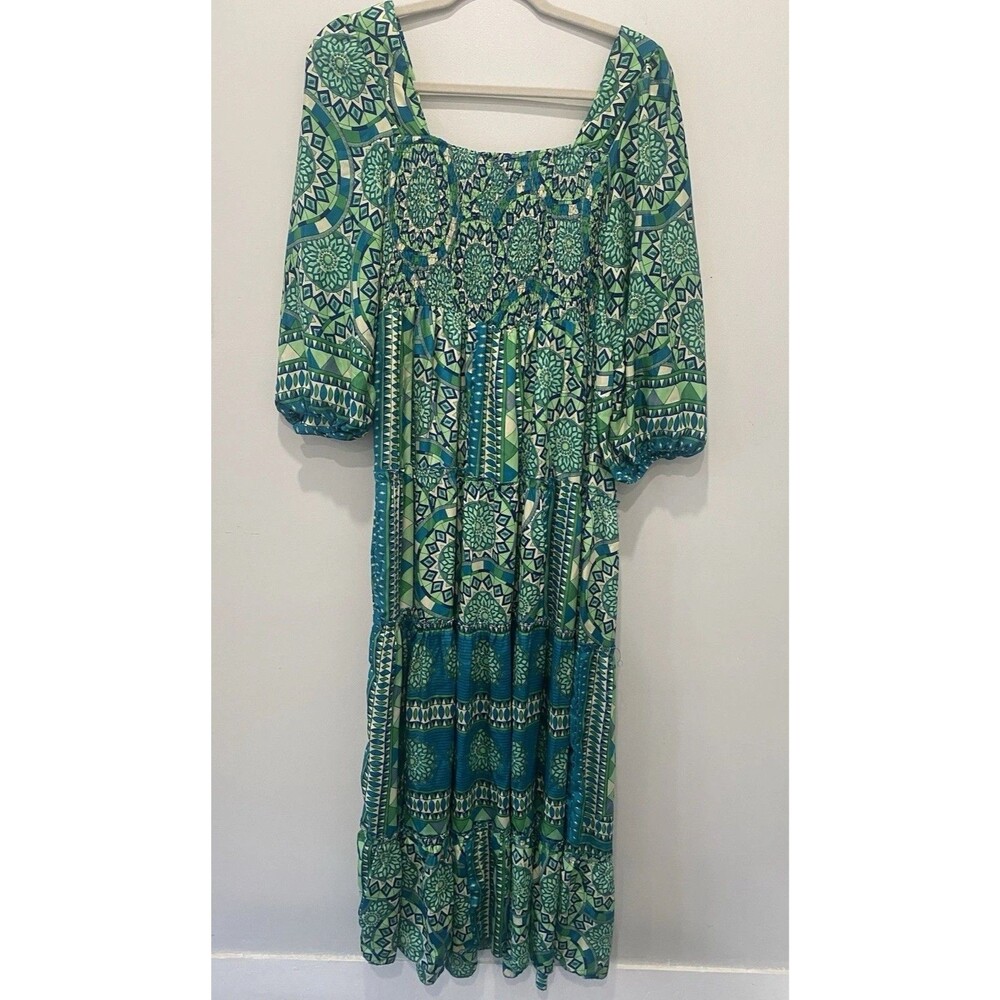 Me 2 Magic Dress Smocked Maxi Geometric Green Blue Long Sleeve XL Boho Milkmaid